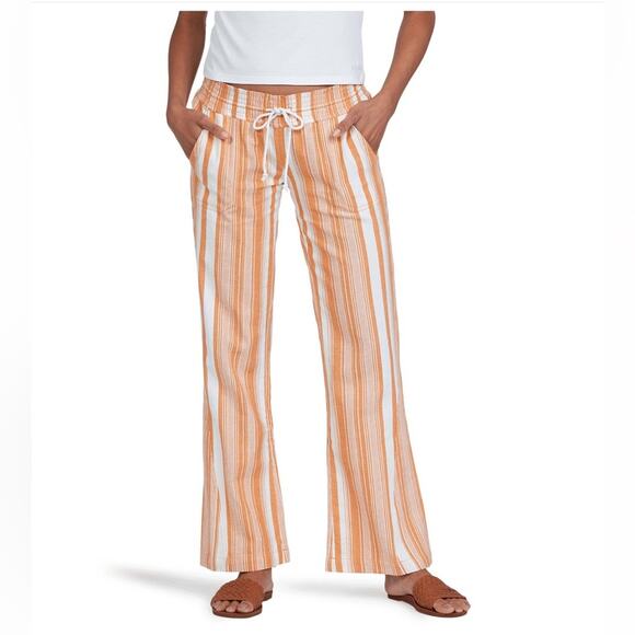 NWT Roxy Oceanside Flare Leg Pants Linen Blend Striped Pockets Juniors Large - Picture 1 of 4